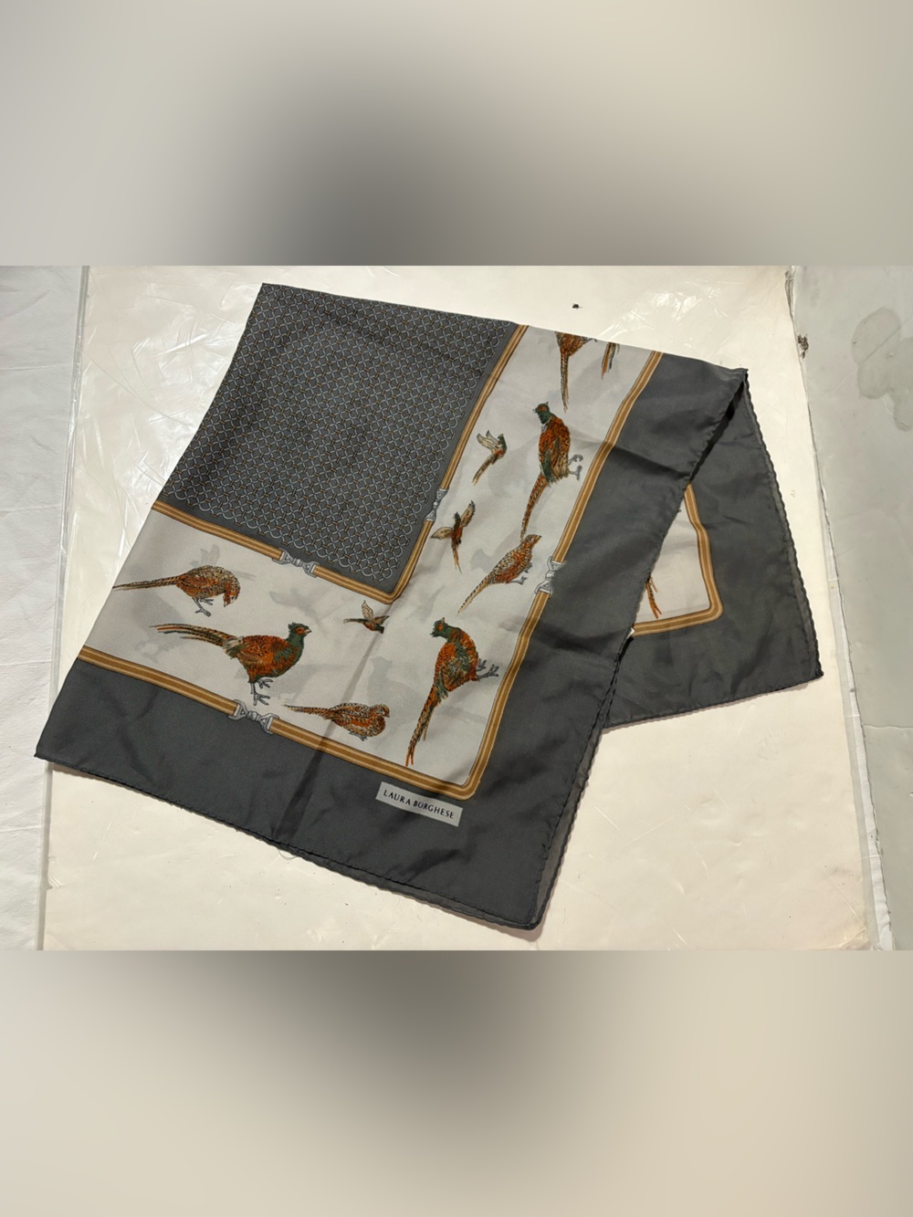 Laura borghese Gray Scarf with Pheasant Motif and Gold Trim made in Italy